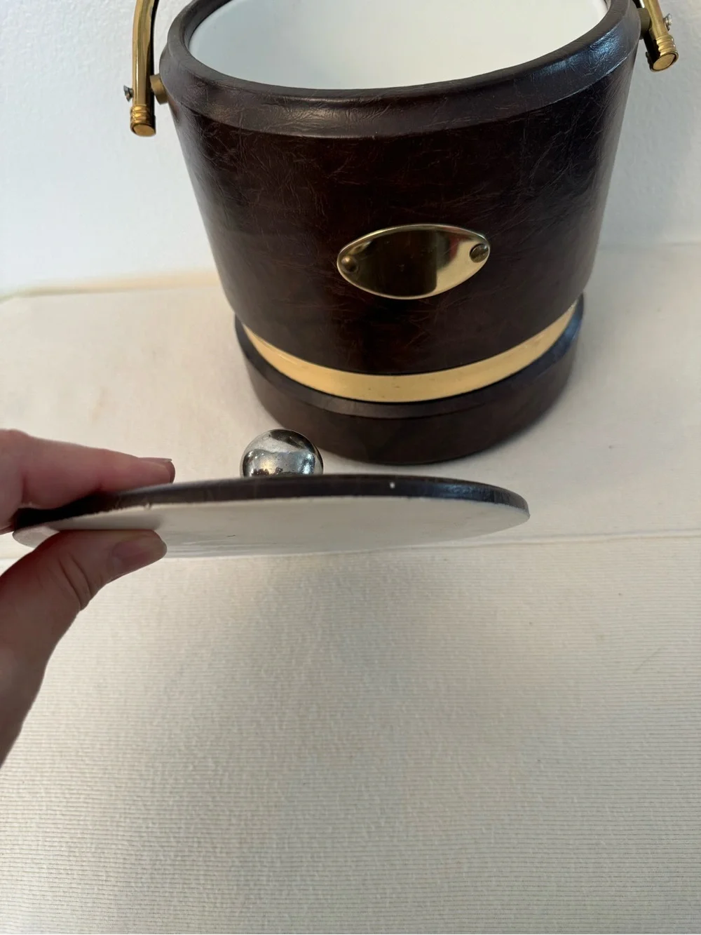 Vintage 1960s 70s Brown Faux Leather Ice Bucket Brass Tone Mid Century